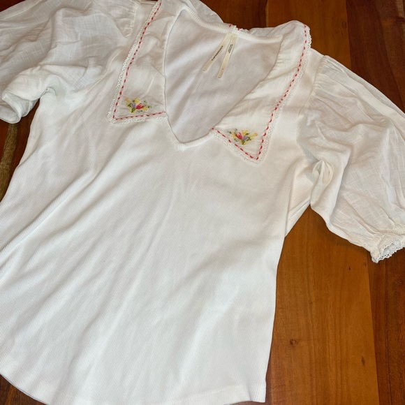 Anthropologie White Puff Sleeve Top Embroidered Woven Cotton Collar Size L - Picture 2 of 7